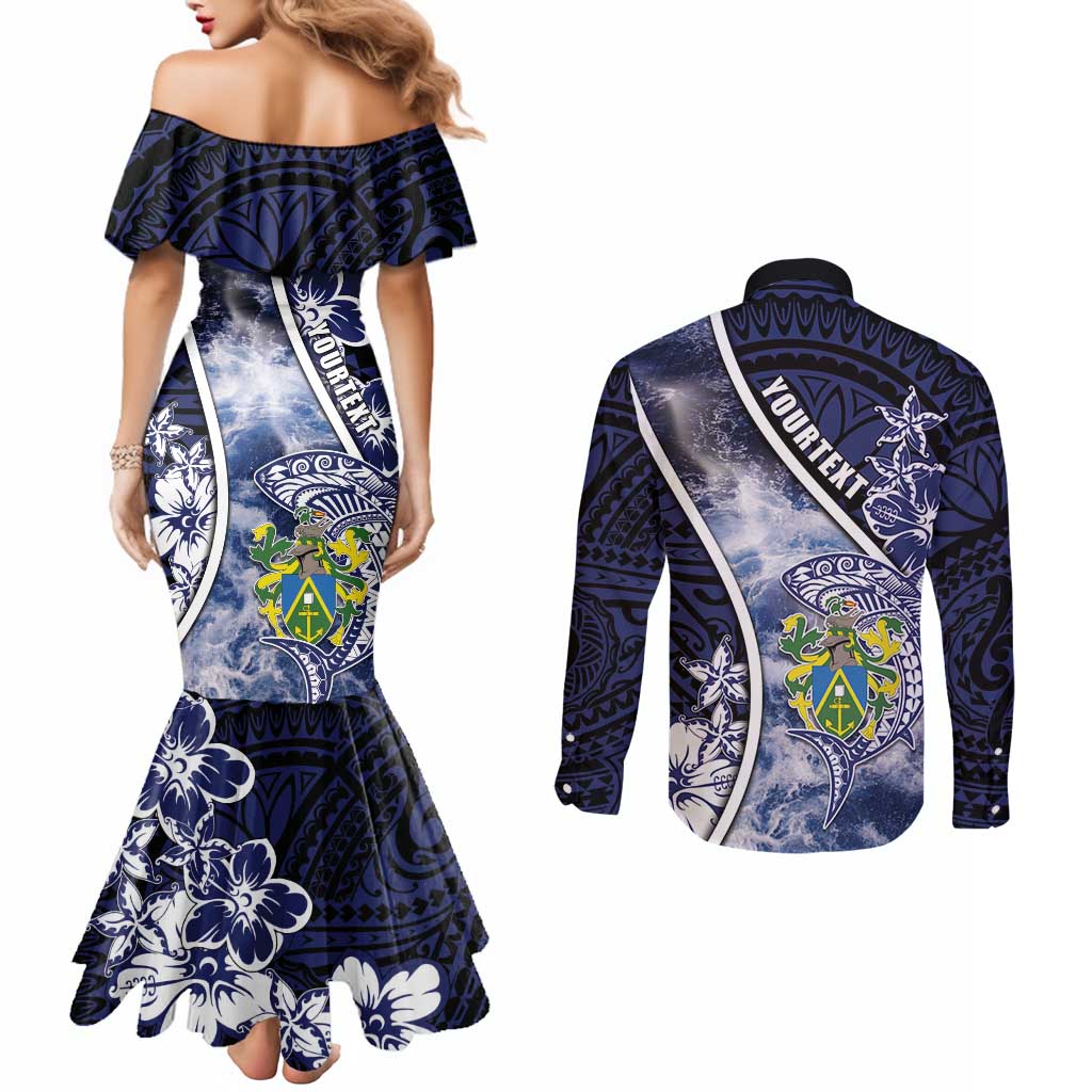 Personalised Pitcairn Islands Couples Matching Mermaid Dress and Long Sleeve Button Shirt Coat Of Arms Waves Style DT05 - Polynesian Pride