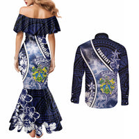 Personalised Pitcairn Islands Couples Matching Mermaid Dress and Long Sleeve Button Shirt Coat Of Arms Waves Style DT05 - Polynesian Pride