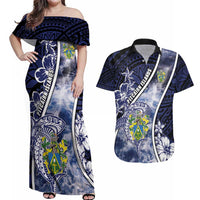 Personalised Pitcairn Islands Couples Matching Off Shoulder Maxi Dress and Hawaiian Shirt Coat Of Arms Waves Style DT05 Navy - Polynesian Pride