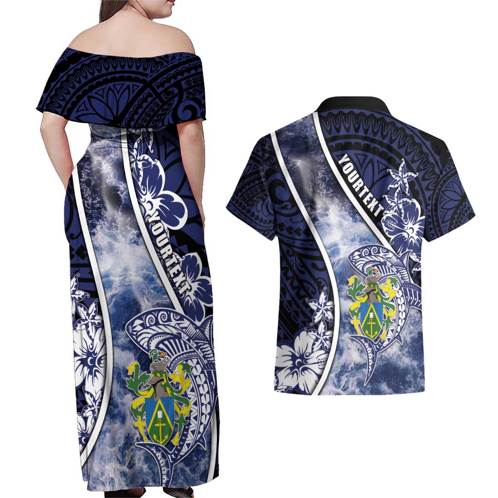 Personalised Pitcairn Islands Couples Matching Off Shoulder Maxi Dress and Hawaiian Shirt Coat Of Arms Waves Style DT05 - Polynesian Pride