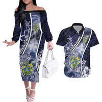 Personalised Pitcairn Islands Couples Matching Off The Shoulder Long Sleeve Dress and Hawaiian Shirt Coat Of Arms Waves Style DT05 Navy - Polynesian Pride
