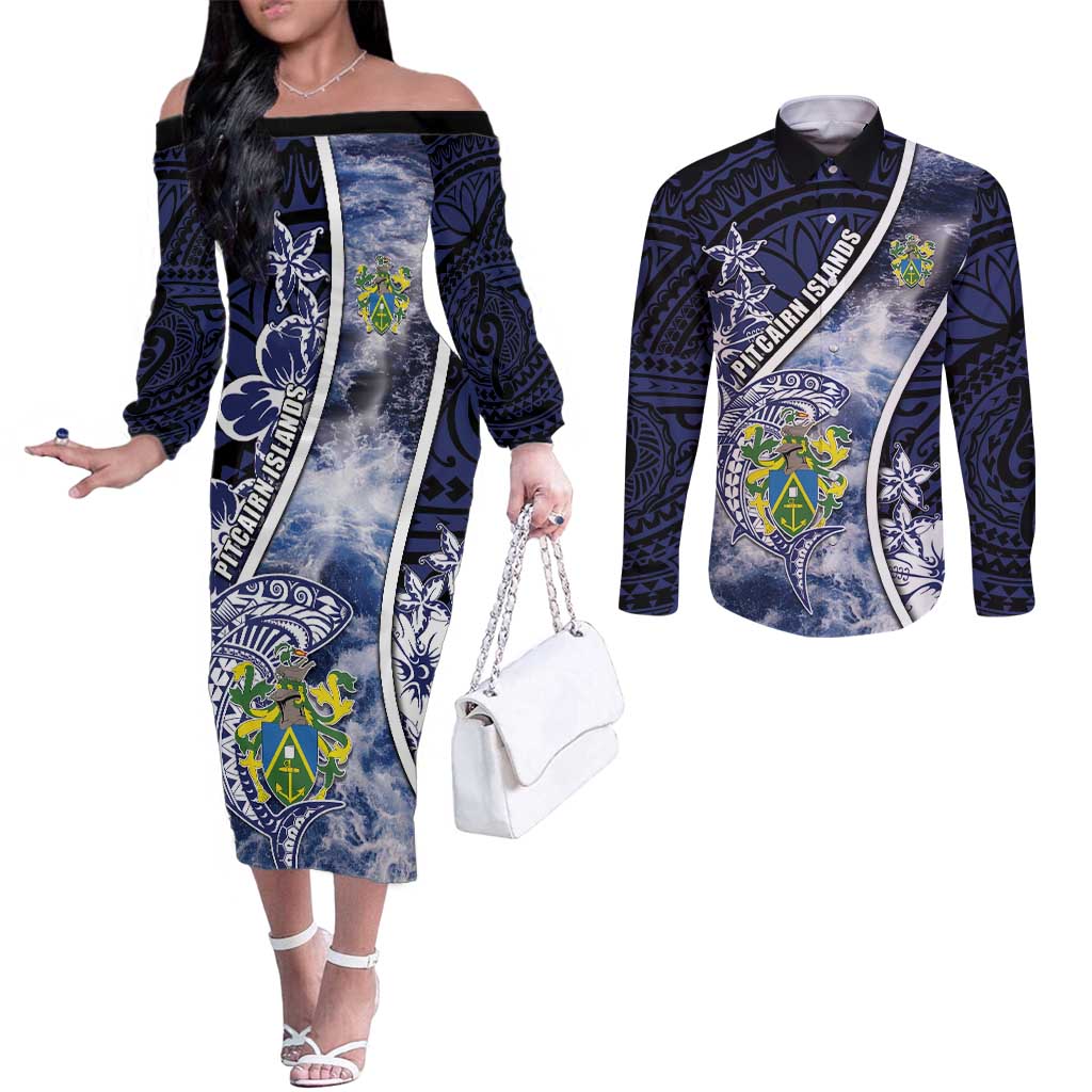 Personalised Pitcairn Islands Couples Matching Off The Shoulder Long Sleeve Dress and Long Sleeve Button Shirt Coat Of Arms Waves Style DT05 Navy - Polynesian Pride