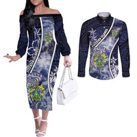 Personalised Pitcairn Islands Couples Matching Off The Shoulder Long Sleeve Dress and Long Sleeve Button Shirt Coat Of Arms Waves Style DT05 Navy - Polynesian Pride
