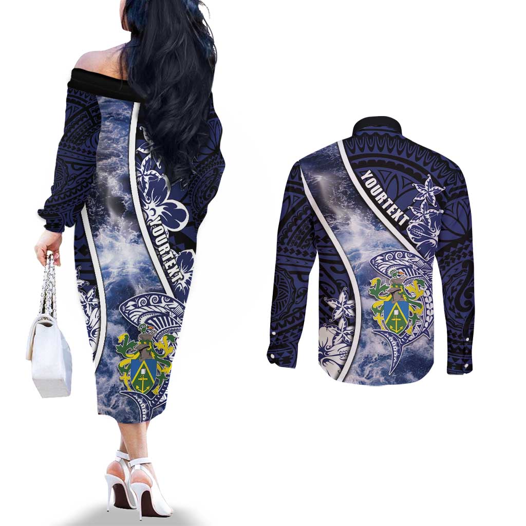 Personalised Pitcairn Islands Couples Matching Off The Shoulder Long Sleeve Dress and Long Sleeve Button Shirt Coat Of Arms Waves Style DT05 - Polynesian Pride
