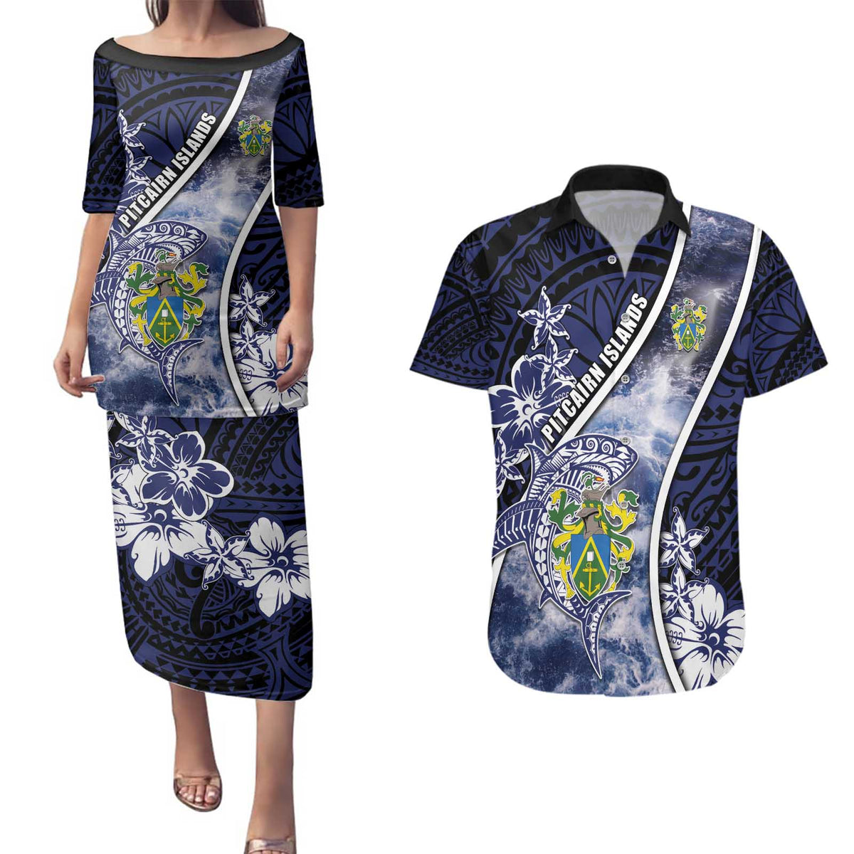 Personalised Pitcairn Islands Couples Matching Puletasi and Hawaiian Shirt Coat Of Arms Waves Style