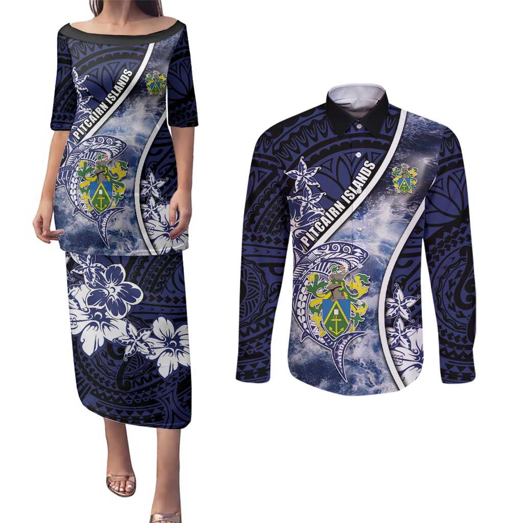Personalised Pitcairn Islands Couples Matching Puletasi and Long Sleeve Button Shirt Coat Of Arms Waves Style