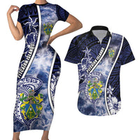 Personalised Pitcairn Islands Couples Matching Short Sleeve Bodycon Dress and Hawaiian Shirt Coat Of Arms Waves Style DT05 Navy - Polynesian Pride