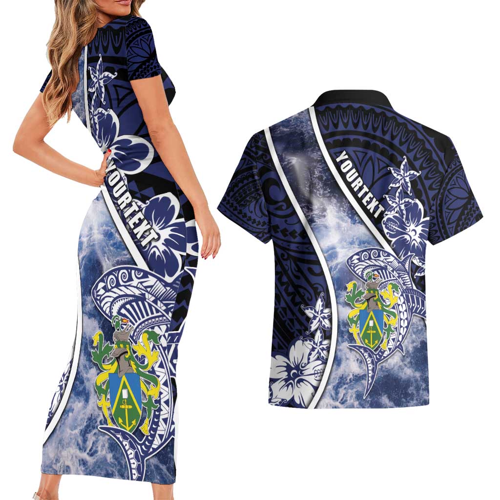 Personalised Pitcairn Islands Couples Matching Short Sleeve Bodycon Dress and Hawaiian Shirt Coat Of Arms Waves Style DT05 - Polynesian Pride
