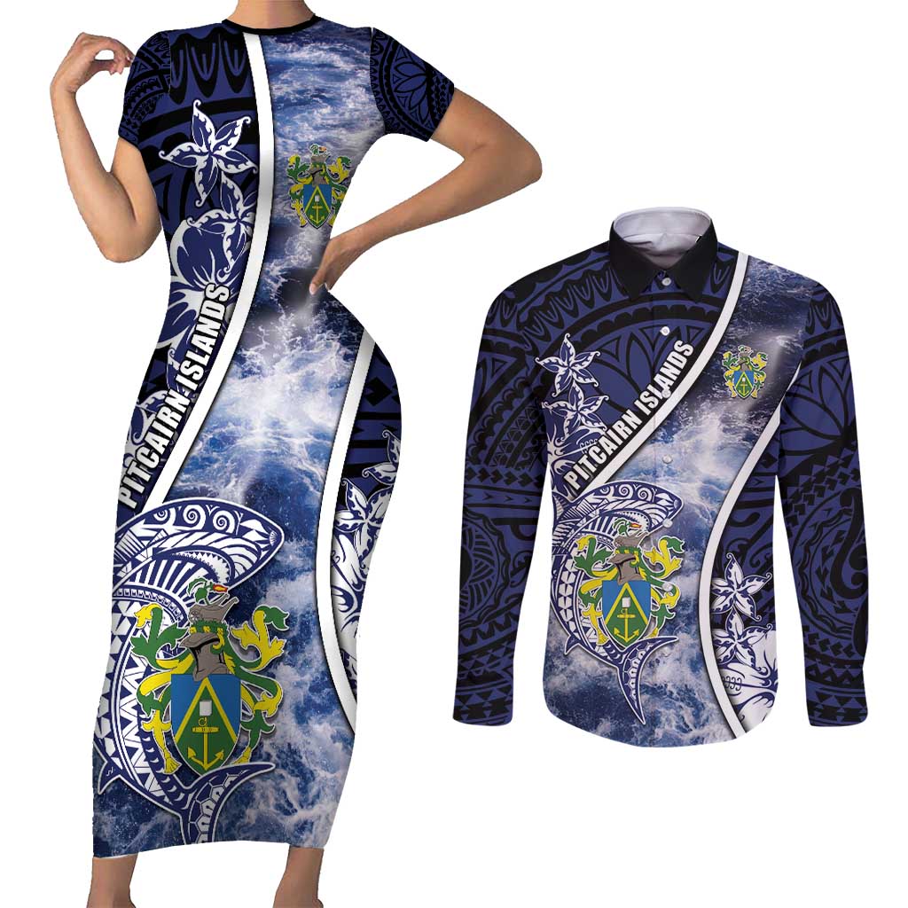 Personalised Pitcairn Islands Couples Matching Short Sleeve Bodycon Dress and Long Sleeve Button Shirt Coat Of Arms Waves Style DT05 Navy - Polynesian Pride