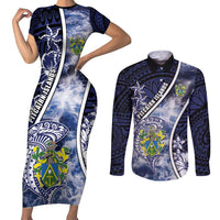 Personalised Pitcairn Islands Couples Matching Short Sleeve Bodycon Dress and Long Sleeve Button Shirt Coat Of Arms Waves Style DT05 Navy - Polynesian Pride