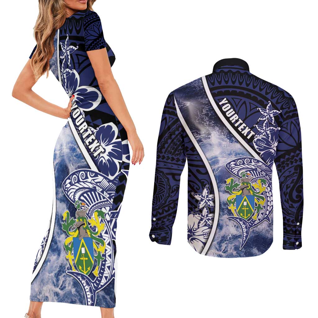 Personalised Pitcairn Islands Couples Matching Short Sleeve Bodycon Dress and Long Sleeve Button Shirt Coat Of Arms Waves Style DT05 - Polynesian Pride