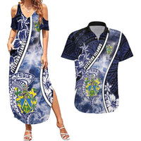 Personalised Pitcairn Islands Couples Matching Summer Maxi Dress and Hawaiian Shirt Coat Of Arms Waves Style DT05 Navy - Polynesian Pride