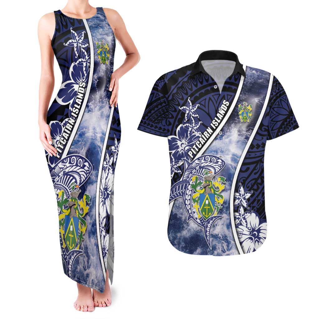 Personalised Pitcairn Islands Couples Matching Tank Maxi Dress and Hawaiian Shirt Coat Of Arms Waves Style DT05 Navy - Polynesian Pride