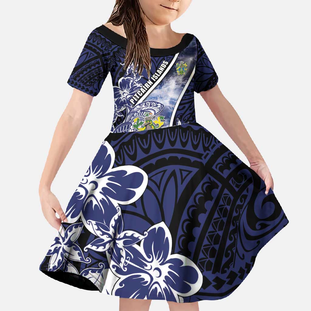 Personalised Pitcairn Islands Family Matching Long Sleeve Bodycon Dress and Hawaiian Shirt Coat Of Arms Waves Style DT05 Daughter's Dress Navy - Polynesian Pride