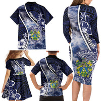 Personalised Pitcairn Islands Family Matching Long Sleeve Bodycon Dress and Hawaiian Shirt Coat Of Arms Waves Style DT05 - Polynesian Pride