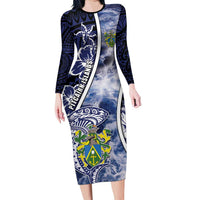 Personalised Pitcairn Islands Family Matching Long Sleeve Bodycon Dress and Hawaiian Shirt Coat Of Arms Waves Style DT05 Mom's Dress Navy - Polynesian Pride