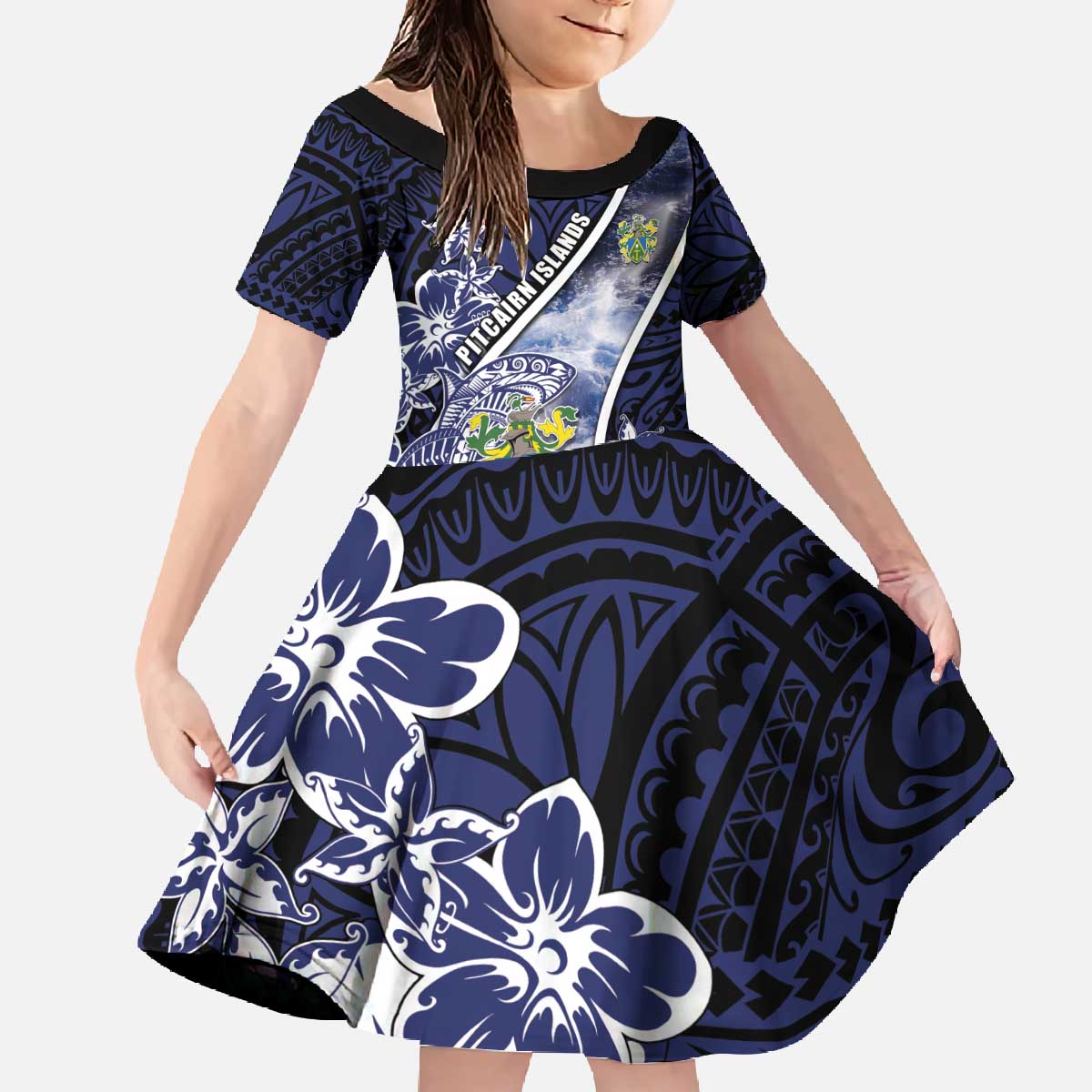 Personalised Pitcairn Islands Family Matching Off The Shoulder Long Sleeve Dress and Hawaiian Shirt Coat Of Arms Waves Style DT05 Daughter's Dress Navy - Polynesian Pride
