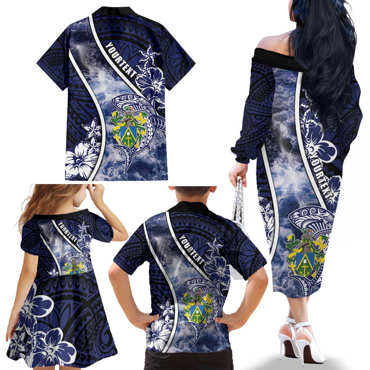 Personalised Pitcairn Islands Family Matching Off The Shoulder Long Sleeve Dress and Hawaiian Shirt Coat Of Arms Waves Style DT05 - Polynesian Pride
