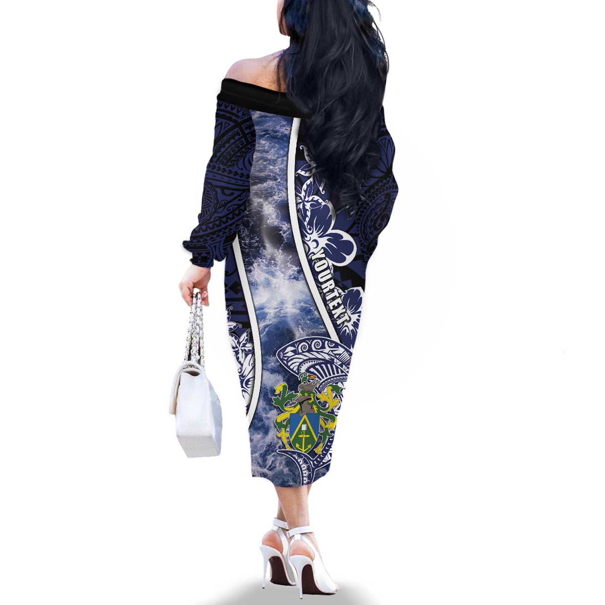 Personalised Pitcairn Islands Family Matching Off The Shoulder Long Sleeve Dress and Hawaiian Shirt Coat Of Arms Waves Style DT05 - Polynesian Pride