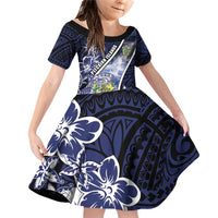 Personalised Pitcairn Islands Family Matching Off Shoulder Short Dress and Hawaiian Shirt Coat Of Arms Waves Style DT05 Daughter's Dress Navy - Polynesian Pride