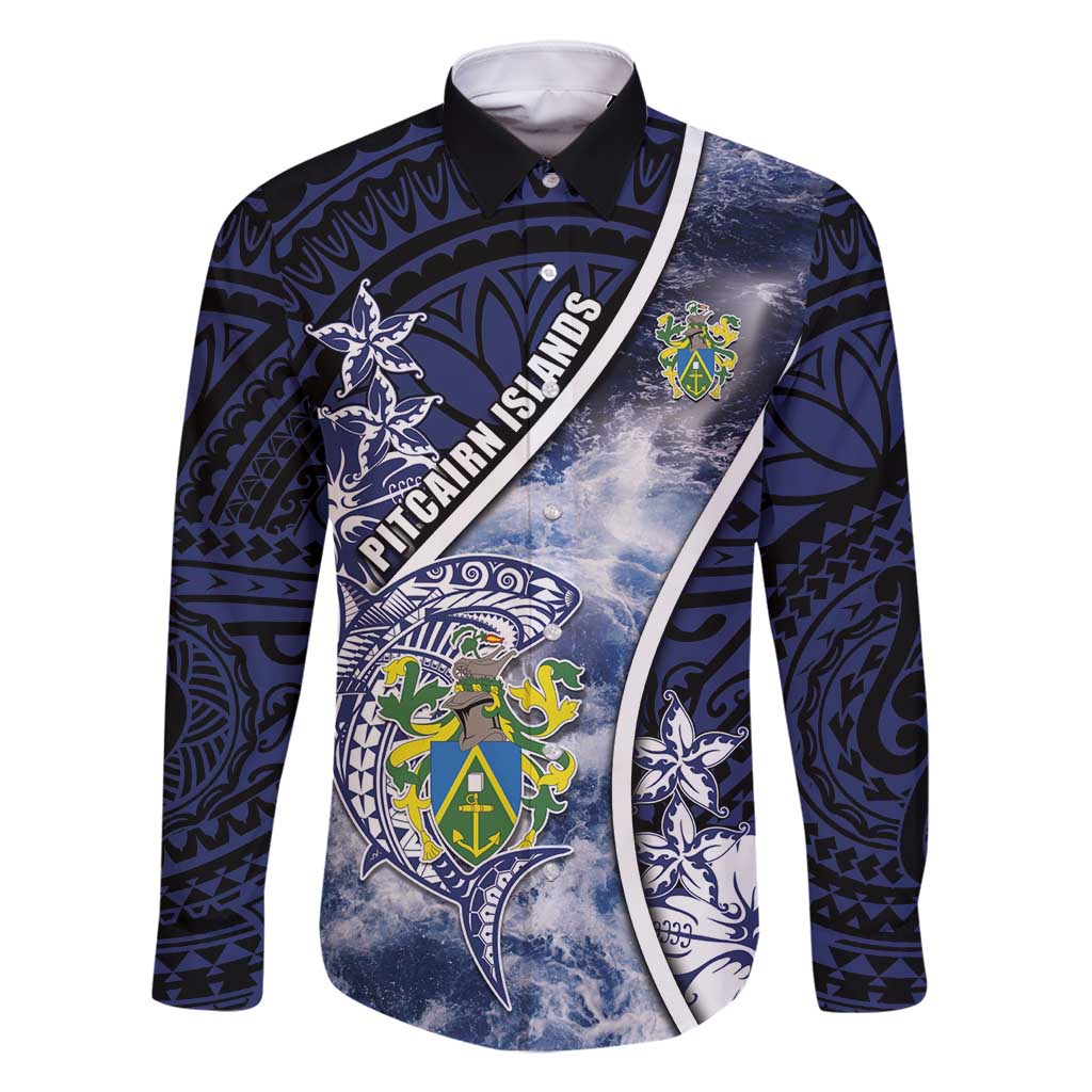 Personalised Pitcairn Islands Family Matching Off Shoulder Short Dress and Hawaiian Shirt Coat Of Arms Waves Style DT05 Dad's Shirt - Long Sleeve Navy - Polynesian Pride