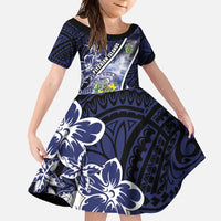 Personalised Pitcairn Islands Family Matching Short Sleeve Bodycon Dress and Hawaiian Shirt Coat Of Arms Waves Style DT05 Daughter's Dress Navy - Polynesian Pride