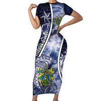 Personalised Pitcairn Islands Family Matching Short Sleeve Bodycon Dress and Hawaiian Shirt Coat Of Arms Waves Style DT05 Mom's Dress Navy - Polynesian Pride