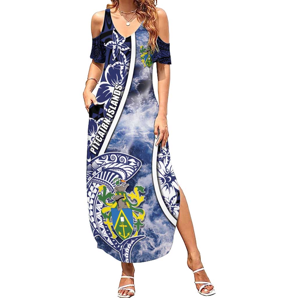 Personalised Pitcairn Islands Family Matching Summer Maxi Dress and Hawaiian Shirt Coat Of Arms Waves Style DT05 Mom's Dress Navy - Polynesian Pride