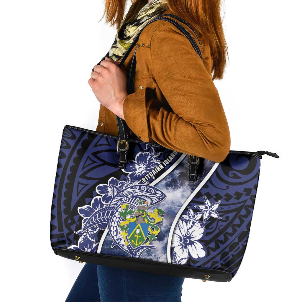 Pitcairn Islands Leather Tote Bag Coat Of Arms Waves Style DT05 Navy - Polynesian Pride