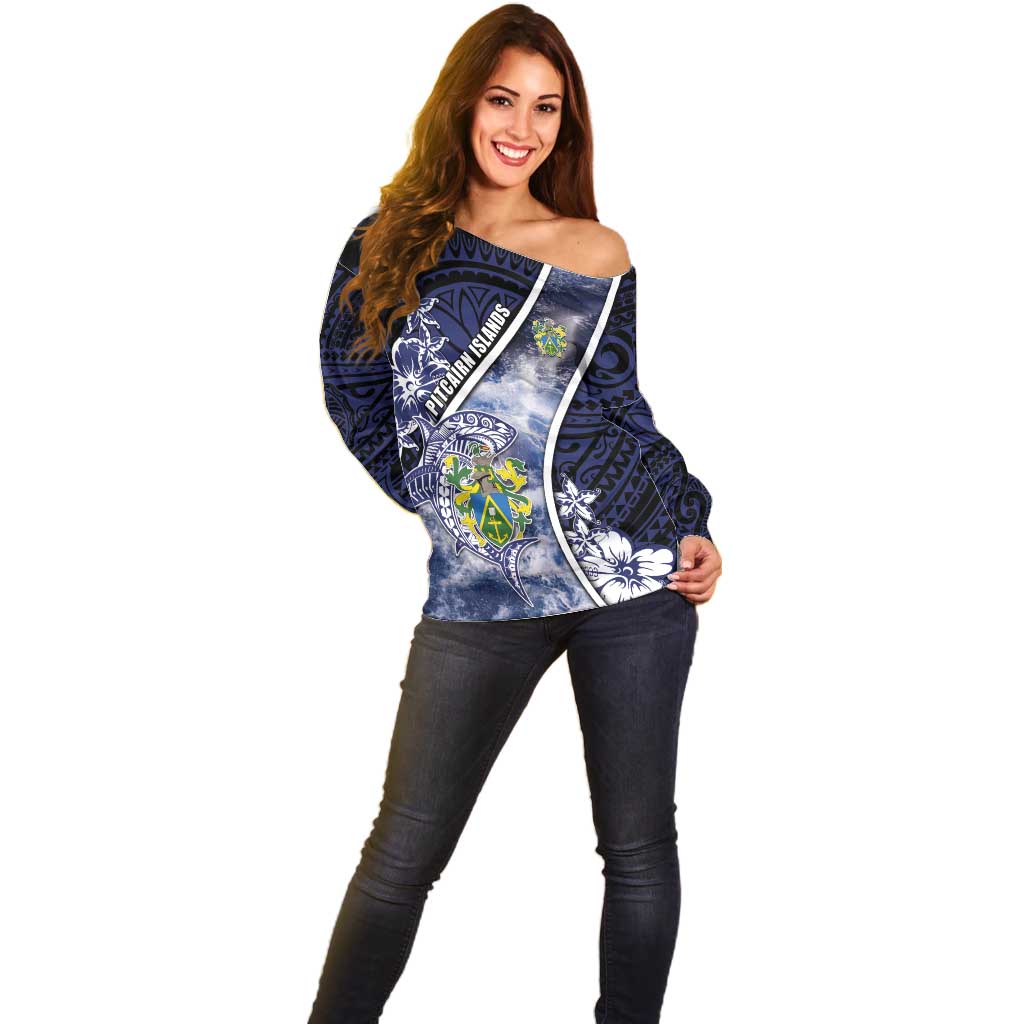 Personalised Pitcairn Islands Off Shoulder Sweater Coat Of Arms Waves Style