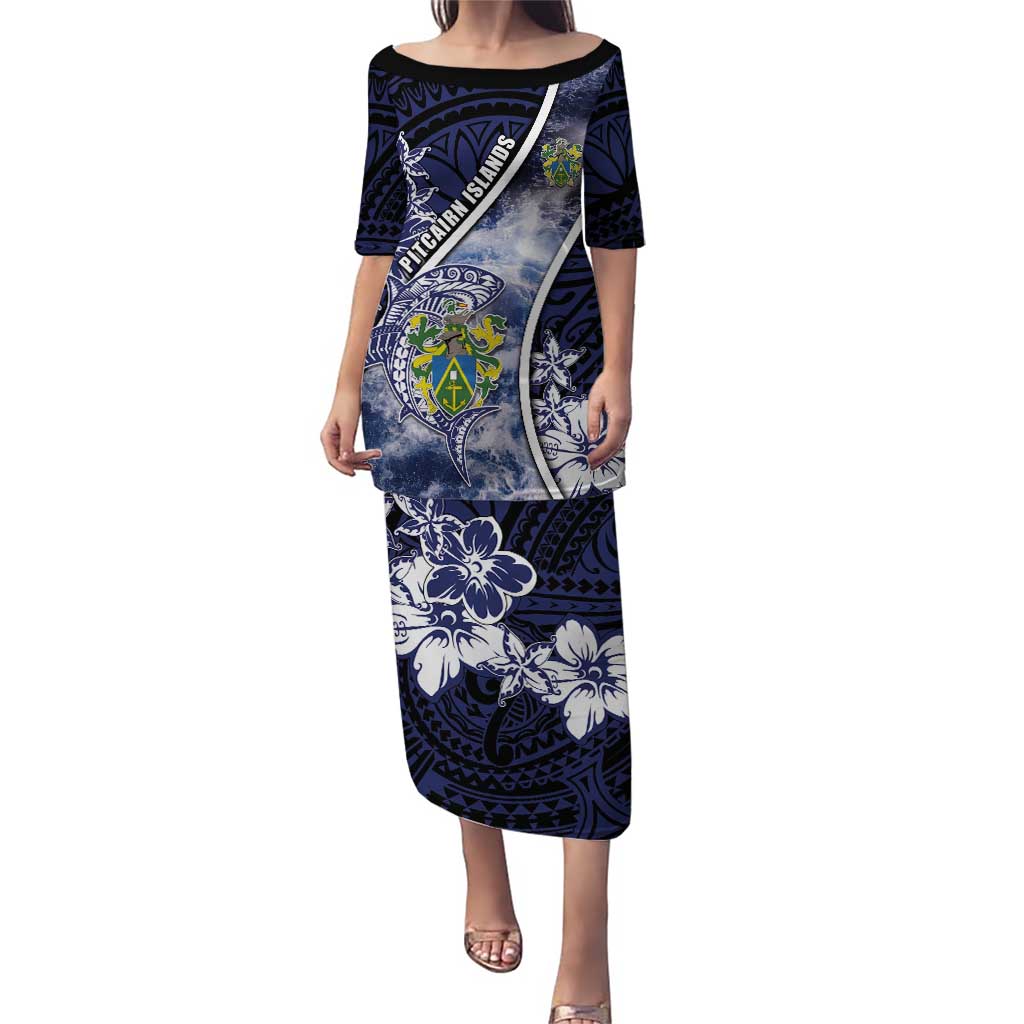 Personalised Pitcairn Islands Puletasi Coat Of Arms Waves Style DT05 Long Dress Navy - Polynesian Pride
