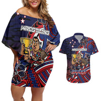 Personalised Samoa Wrestling Couples Matching Off Shoulder Short Dress and Hawaiian Shirt Polynesian Warrior Funny Style DT05 Navy - Polynesian Pride