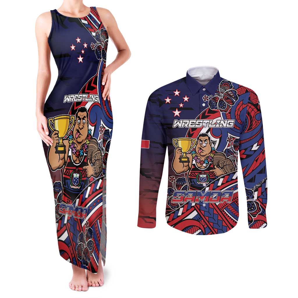 Personalised Samoa Wrestling Couples Matching Tank Maxi Dress and Long Sleeve Button Shirt Polynesian Warrior Funny Style DT05 Navy - Polynesian Pride