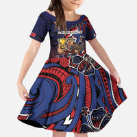 Personalised Samoa Wrestling Family Matching Off The Shoulder Long Sleeve Dress and Hawaiian Shirt Polynesian Warrior Funny Style DT05 Daughter's Dress Navy - Polynesian Pride