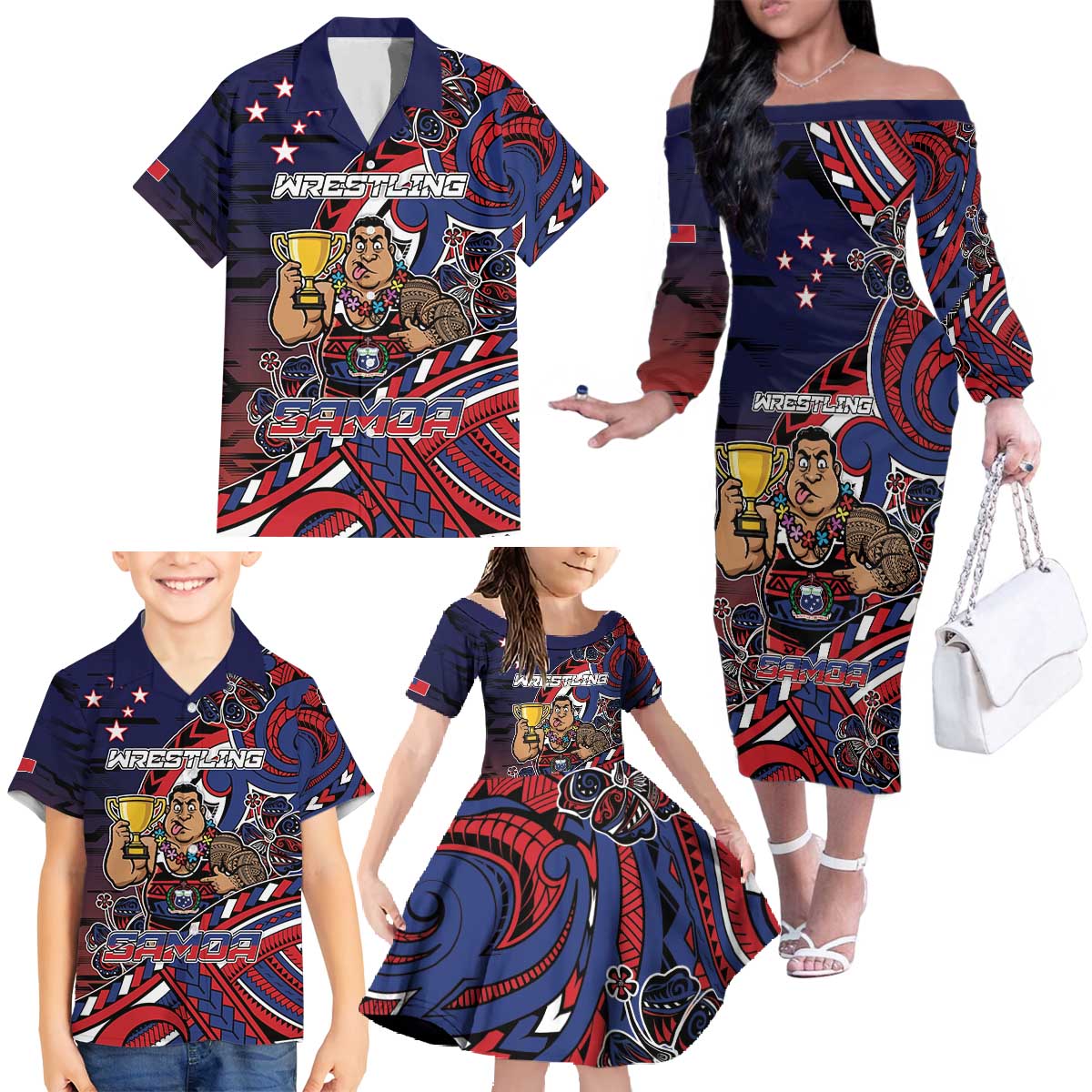 Personalised Samoa Wrestling Family Matching Off The Shoulder Long Sleeve Dress and Hawaiian Shirt Polynesian Warrior Funny Style DT05 - Polynesian Pride