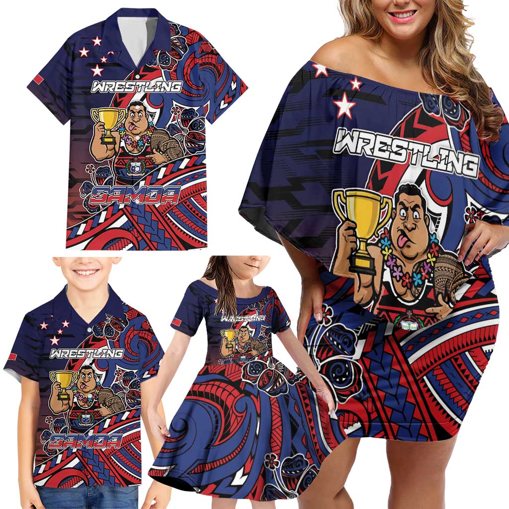 Personalised Samoa Wrestling Family Matching Off Shoulder Short Dress and Hawaiian Shirt Polynesian Warrior Funny Style - Polynesian Pride