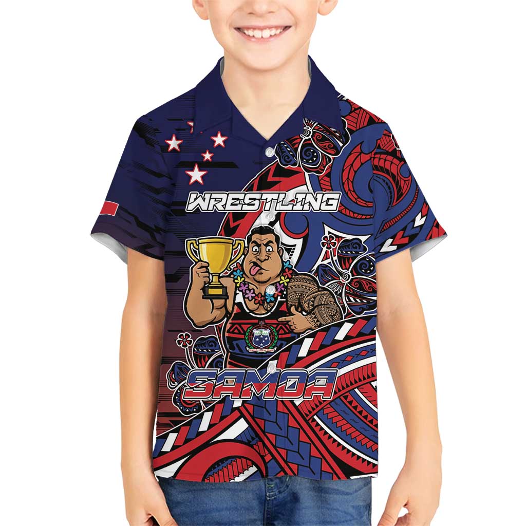 Personalised Samoa Wrestling Family Matching Off Shoulder Short Dress and Hawaiian Shirt Polynesian Warrior Funny Style DT05 Son's Shirt Navy - Polynesian Pride
