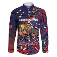 Personalised Samoa Wrestling Family Matching Short Sleeve Bodycon Dress and Hawaiian Shirt Polynesian Warrior Funny Style DT05 Dad's Shirt - Long Sleeve Navy - Polynesian Pride