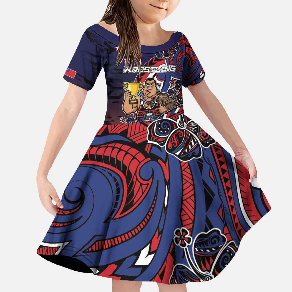 Personalised Samoa Wrestling Family Matching Summer Maxi Dress and Hawaiian Shirt Polynesian Warrior Funny Style DT05 Daughter's Dress Navy - Polynesian Pride