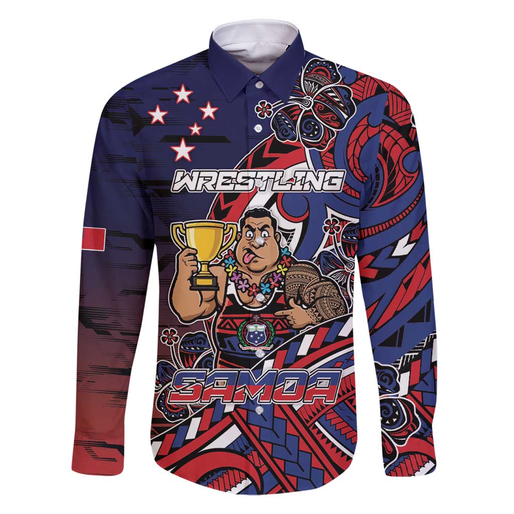 Personalised Samoa Wrestling Family Matching Tank Maxi Dress and Hawaiian Shirt Polynesian Warrior Funny Style DT05 Dad's Shirt - Long Sleeve Navy - Polynesian Pride