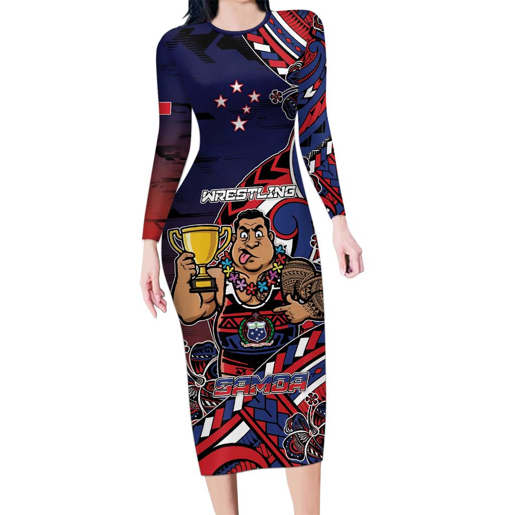 Personalised Samoa Wrestling Long Sleeve Bodycon Dress Polynesian Warrior Funny Style - Polynesian Pride