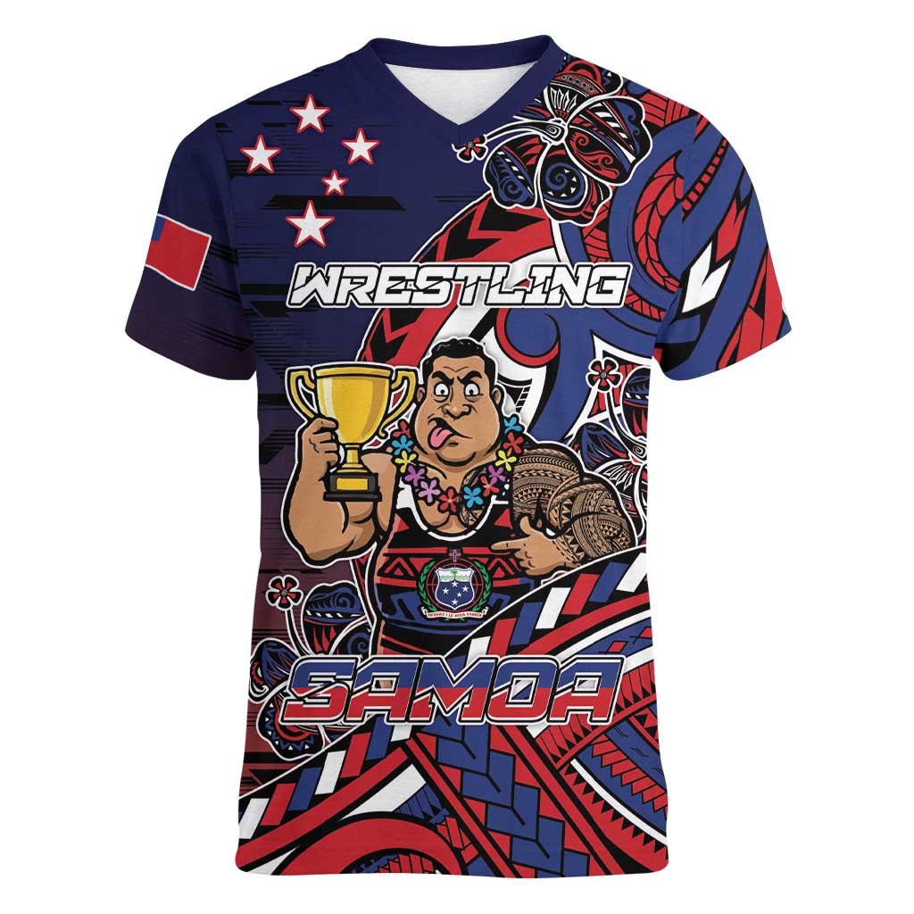 Personalised Samoa Wrestling Women V-Neck T-Shirt Polynesian Warrior Funny Style DT05 Female Navy - Polynesian Pride