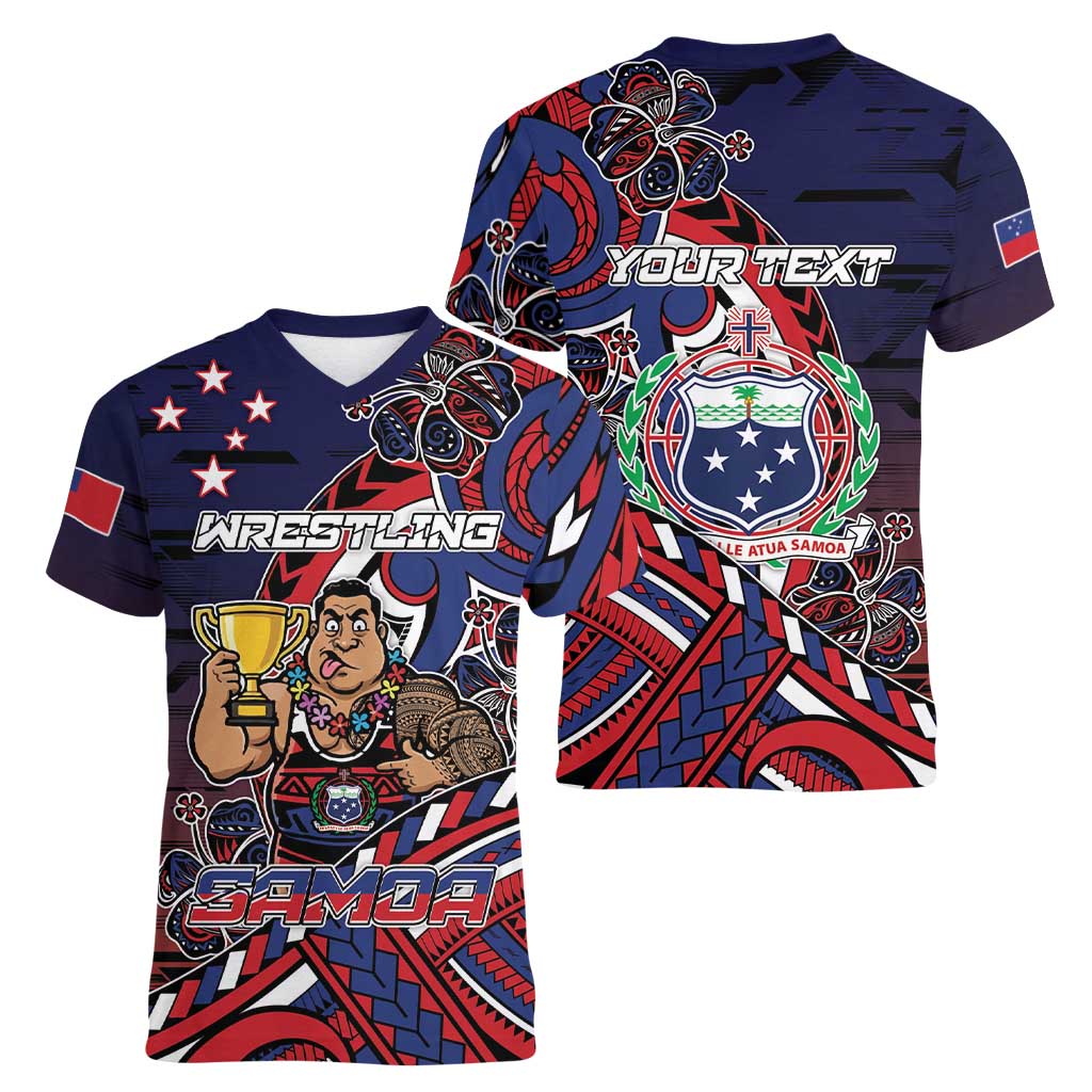 Personalised Samoa Wrestling Women V-Neck T-Shirt Polynesian Warrior Funny Style DT05 - Polynesian Pride