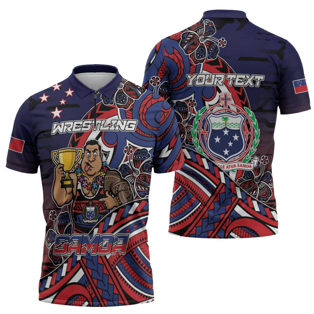Personalised Samoa Wrestling Zipper Polo Shirt Polynesian Warrior Funny Style - Polynesian Pride