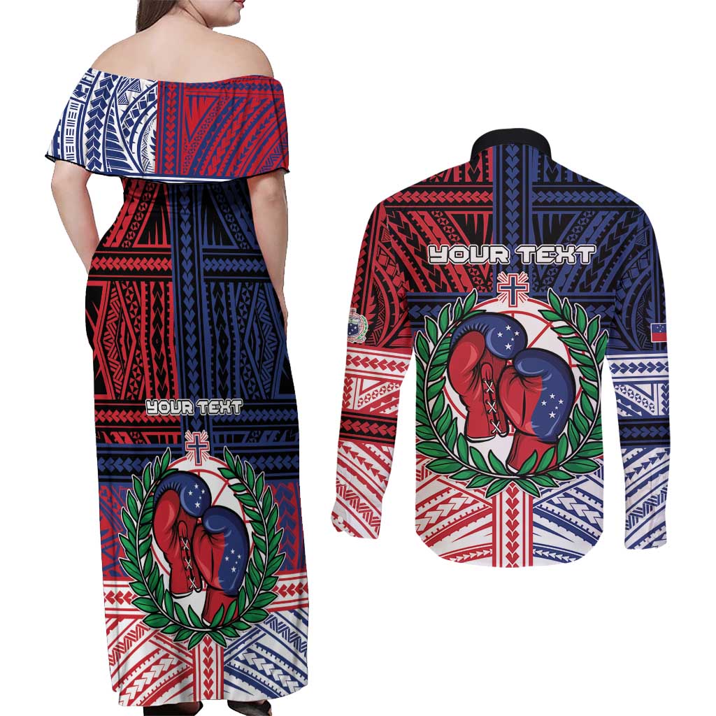 Personalised Samoa Boxing Couples Matching Off Shoulder Maxi Dress and Long Sleeve Button Shirt Samoan Boxer Funny Style - Polynesian Pride