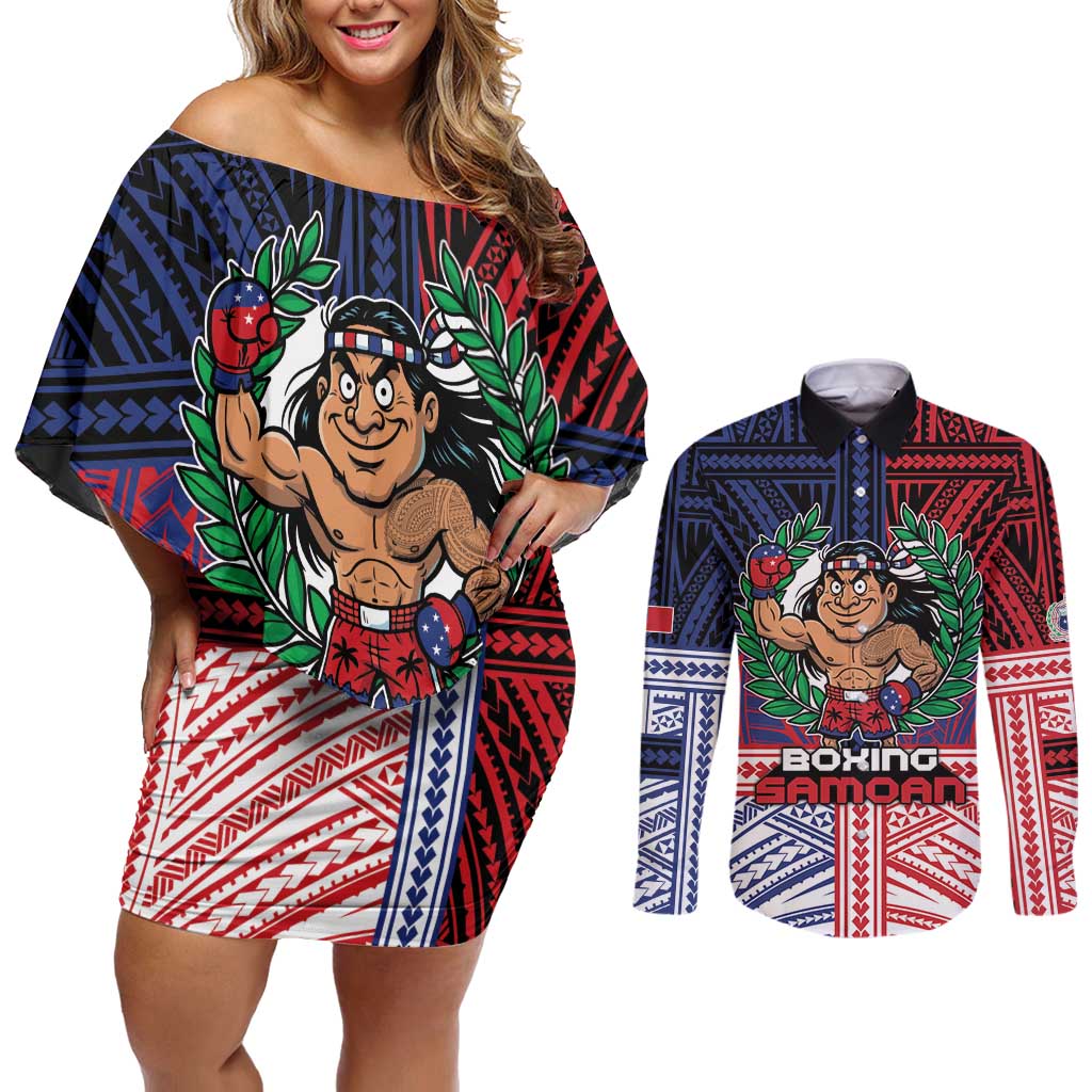 Personalised Samoa Boxing Couples Matching Off Shoulder Short Dress and Long Sleeve Button Shirt Samoan Boxer Funny Style - Polynesian Pride