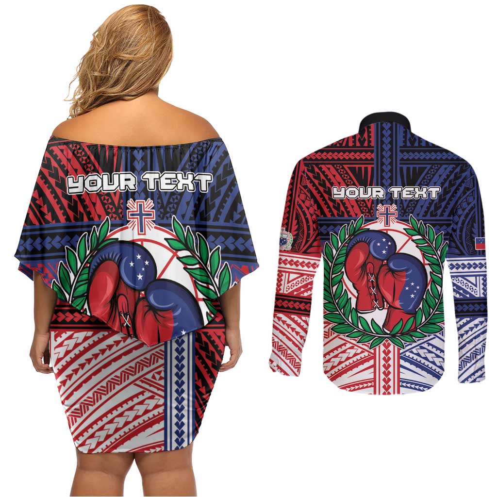 Personalised Samoa Boxing Couples Matching Off Shoulder Short Dress and Long Sleeve Button Shirt Samoan Boxer Funny Style - Polynesian Pride