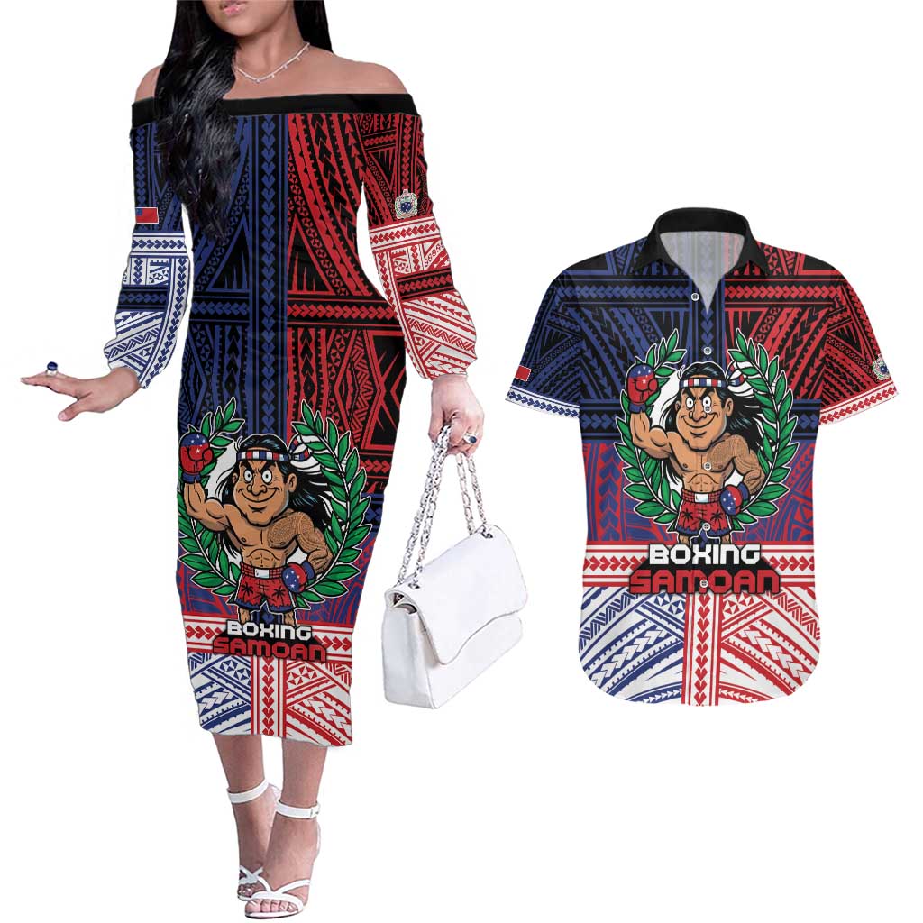 Personalised Samoa Boxing Couples Matching Off The Shoulder Long Sleeve Dress and Hawaiian Shirt Samoan Boxer Funny Style DT05 Red - Polynesian Pride