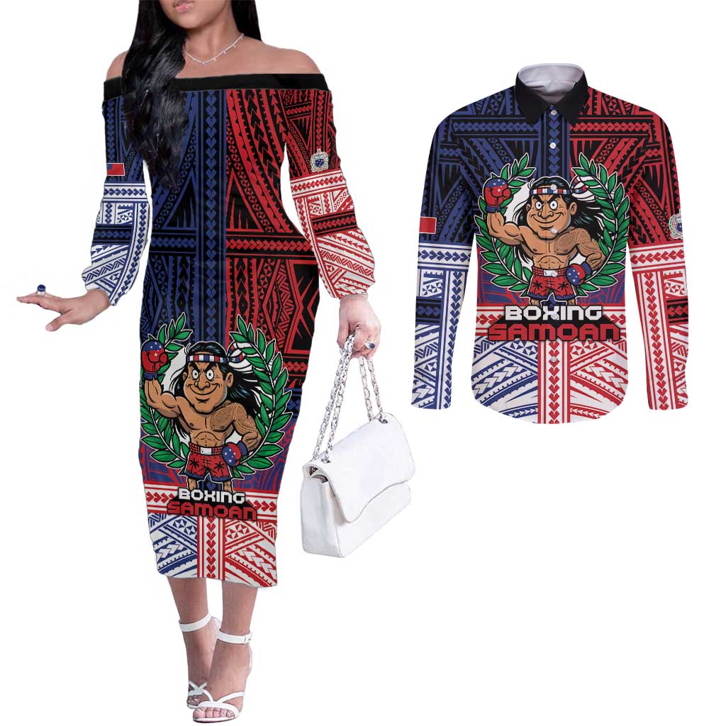 Personalised Samoa Boxing Couples Matching Off The Shoulder Long Sleeve Dress and Long Sleeve Button Shirt Samoan Boxer Funny Style - Polynesian Pride