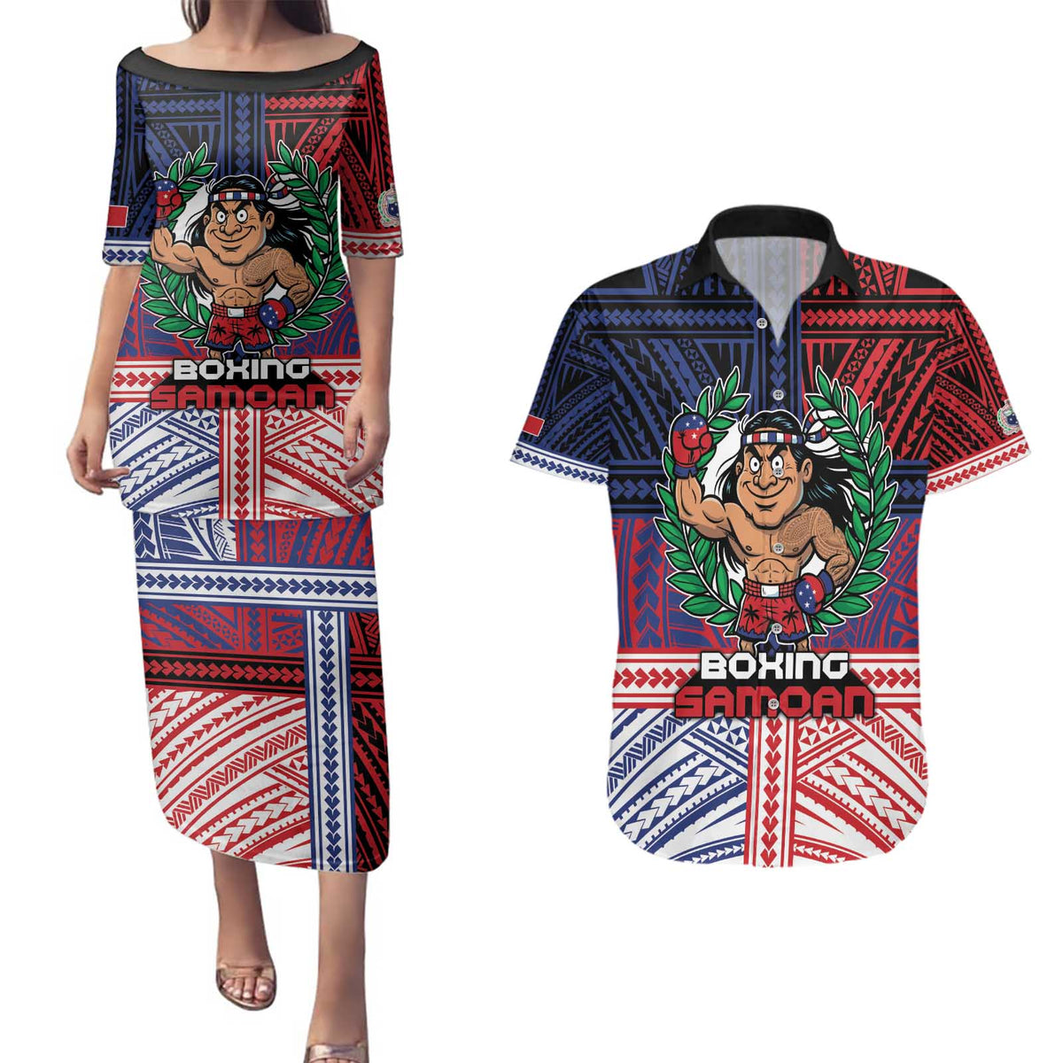 Personalised Samoa Boxing Couples Matching Puletasi and Hawaiian Shirt Samoan Boxer Funny Style - Polynesian Pride